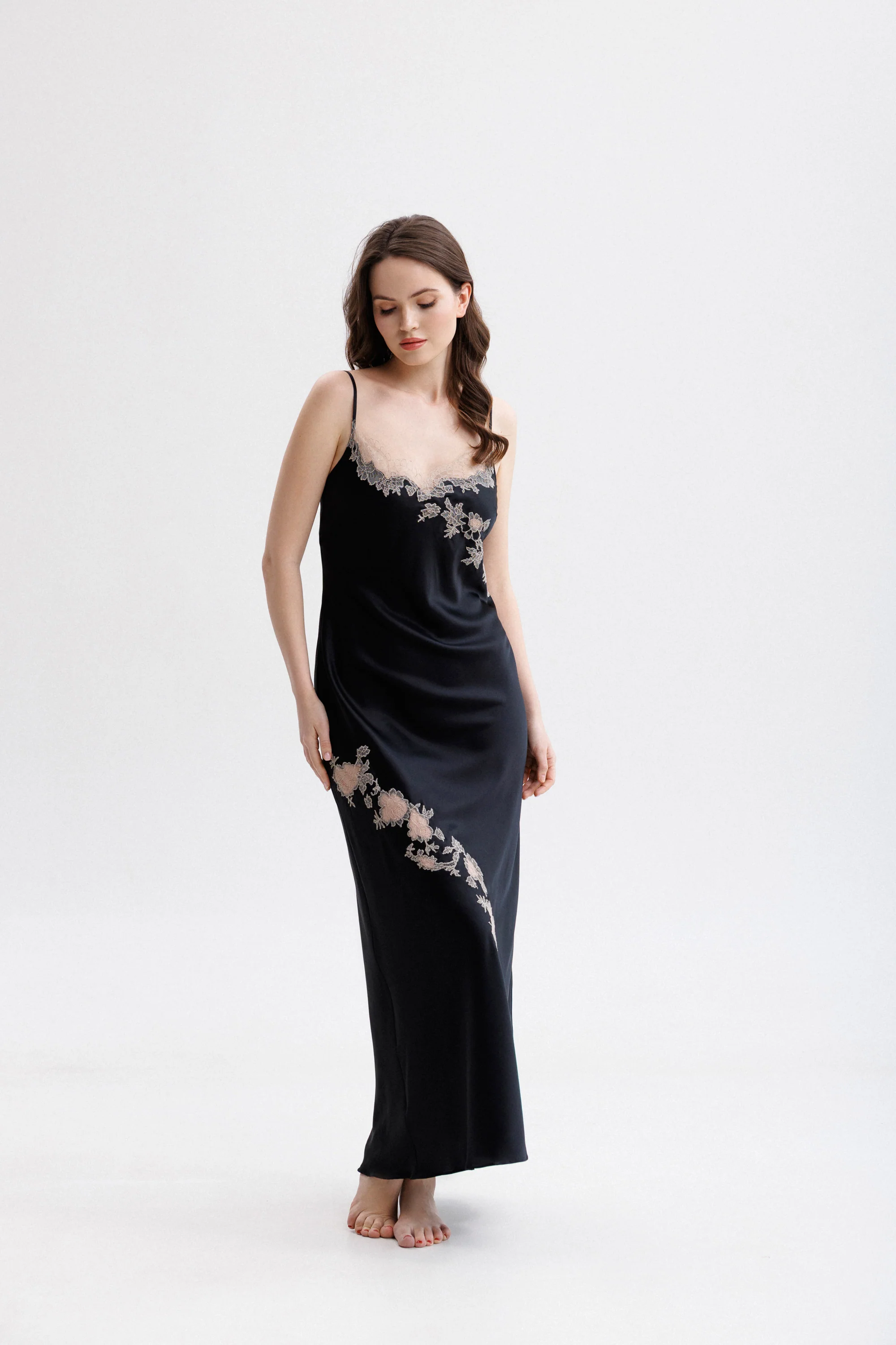 Long Silk Slip Dress in Black with Nude Caudry Lace