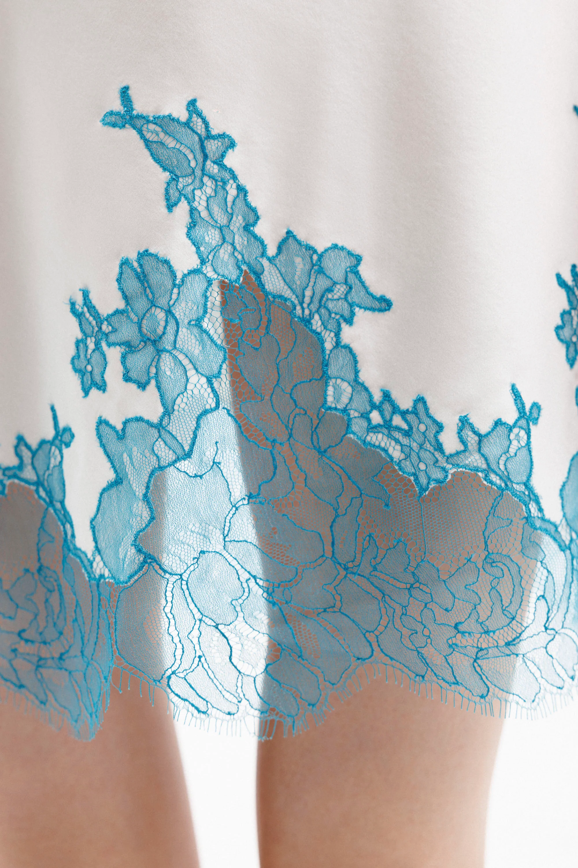 Short Silk Slip Dress in Ivory with Turquoise Leavers Lace