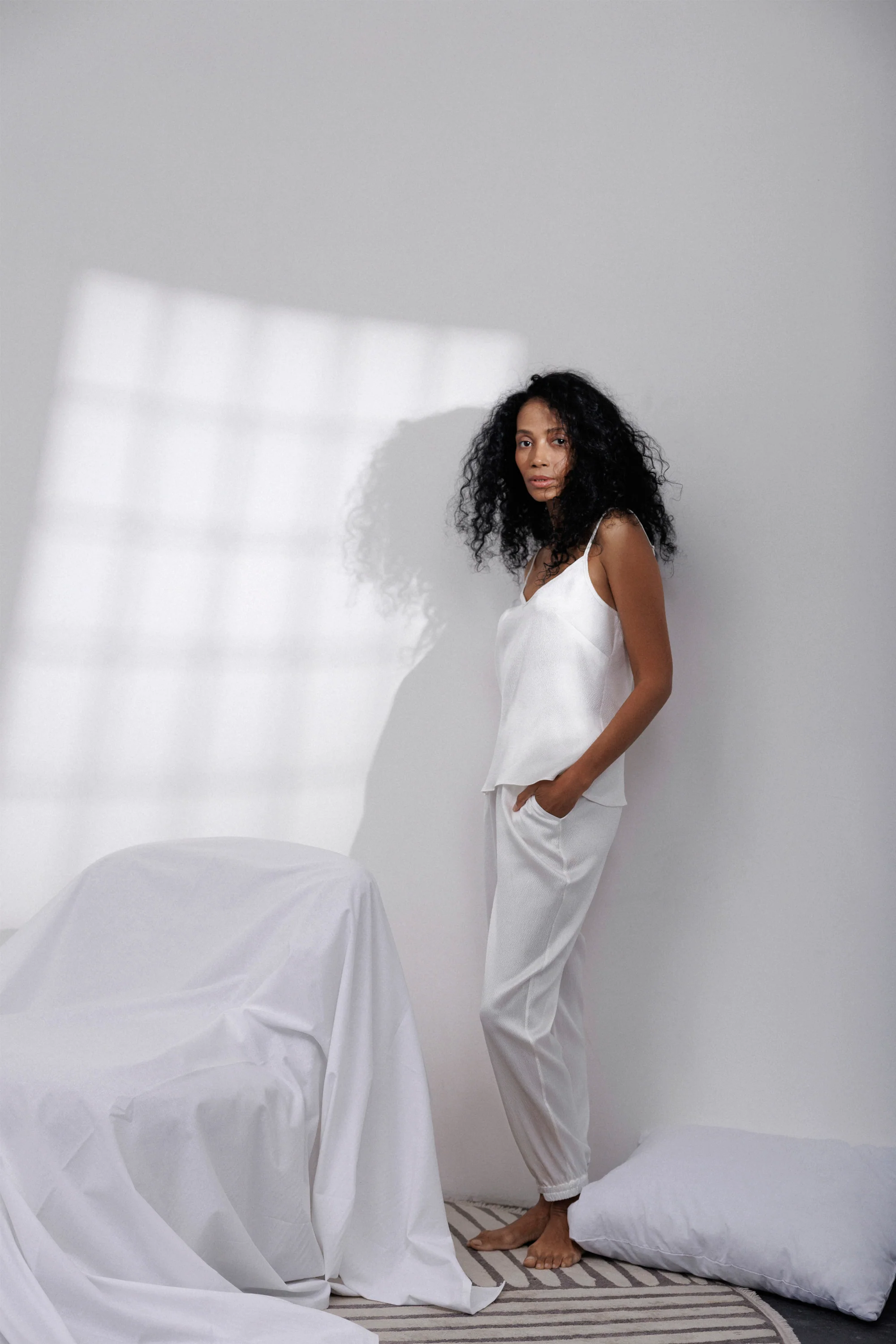 Bubble Silk Camisole and Pants Set in Off-White