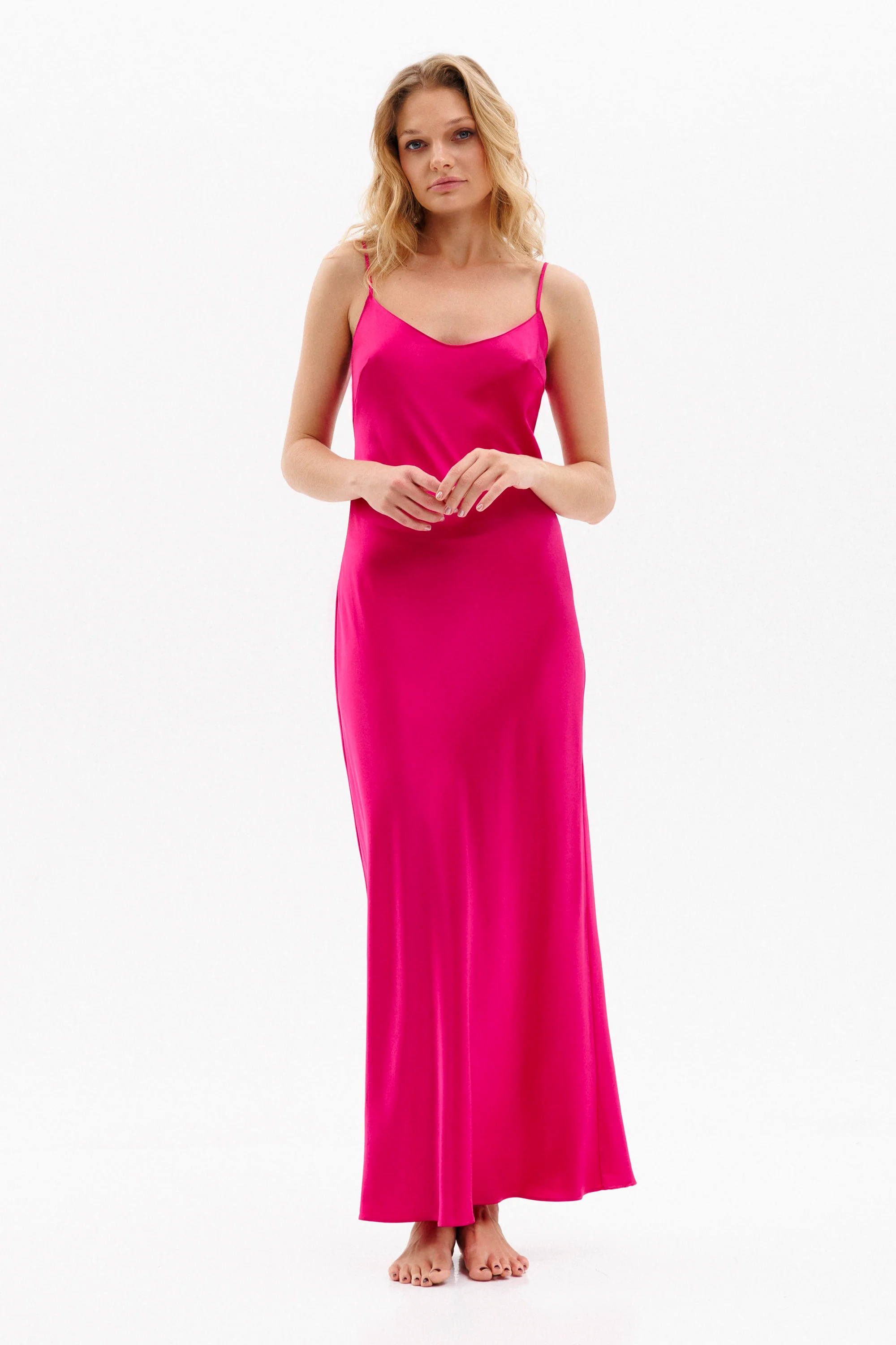 Long Silk Slip Dress in Fuchsia