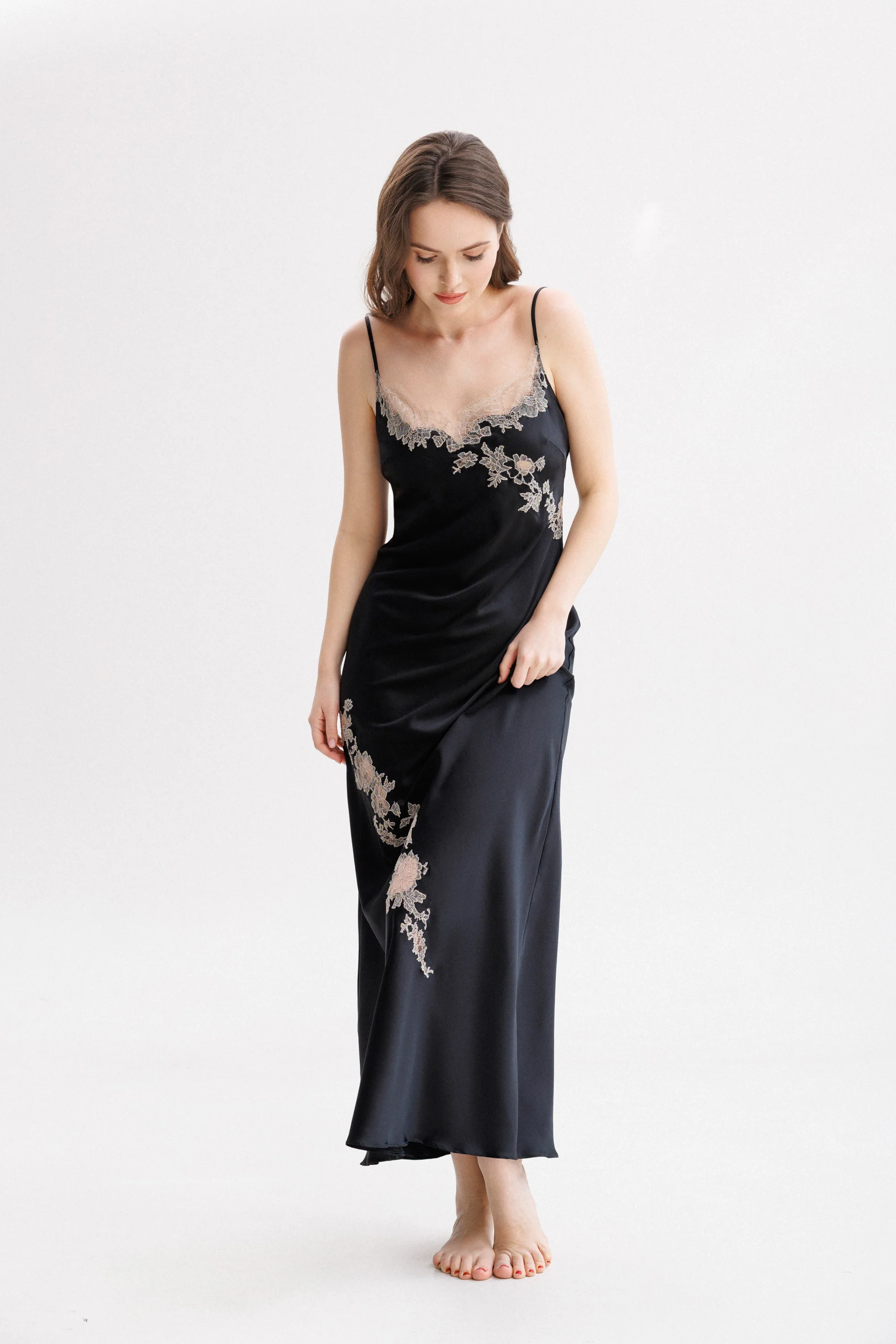 Long Silk Slip Dress in Black with Nude Caudry Lace