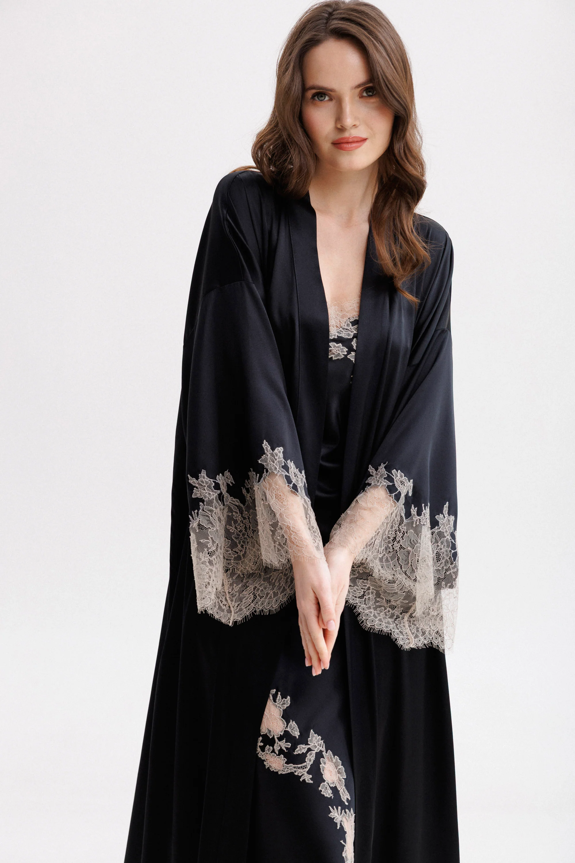 Long Silk Kimono in Black with Nude Caudry Lace