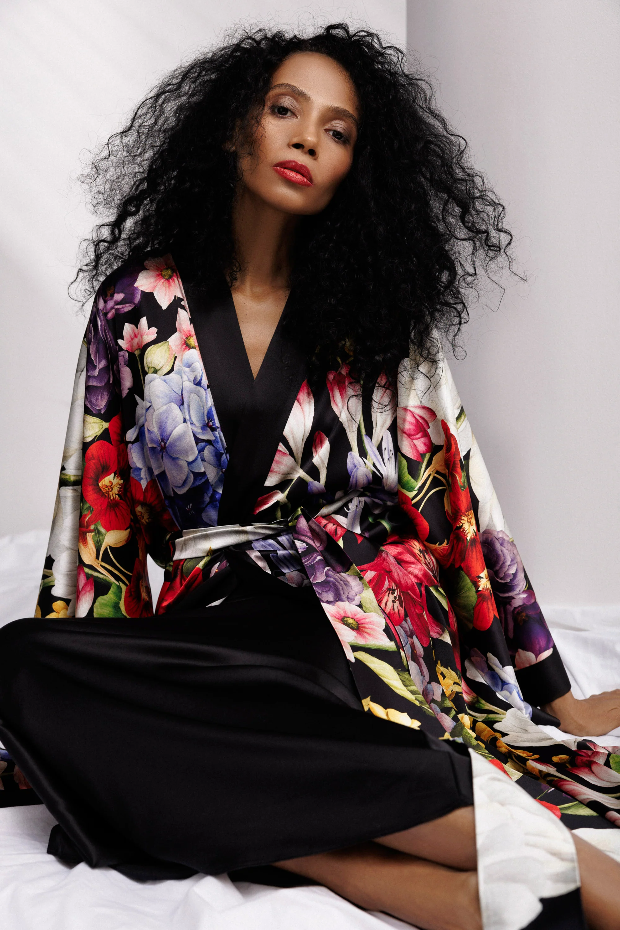 Wild Bloom Long Robe in Black