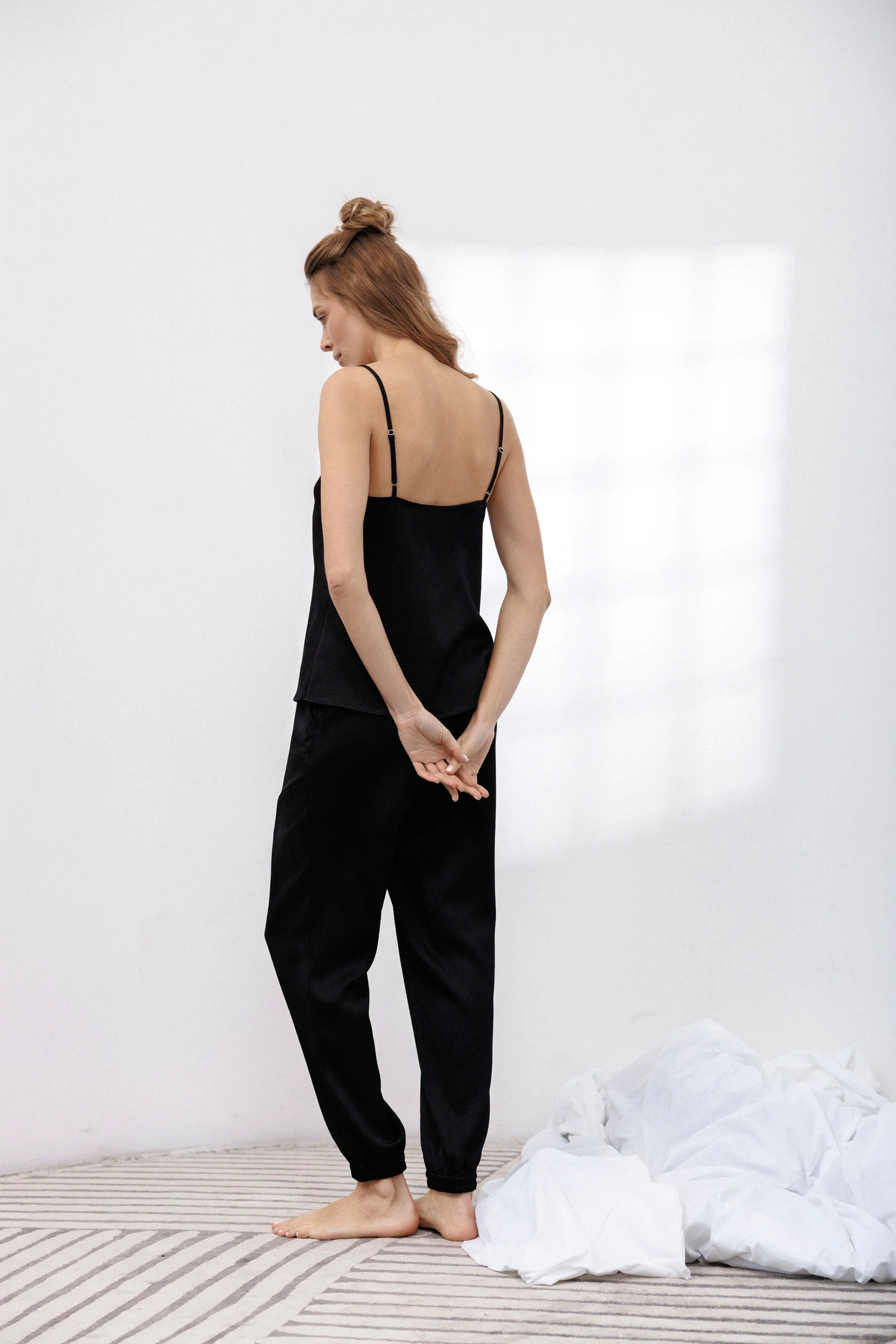 Bubble Silk Camisole and Pants Set in Black