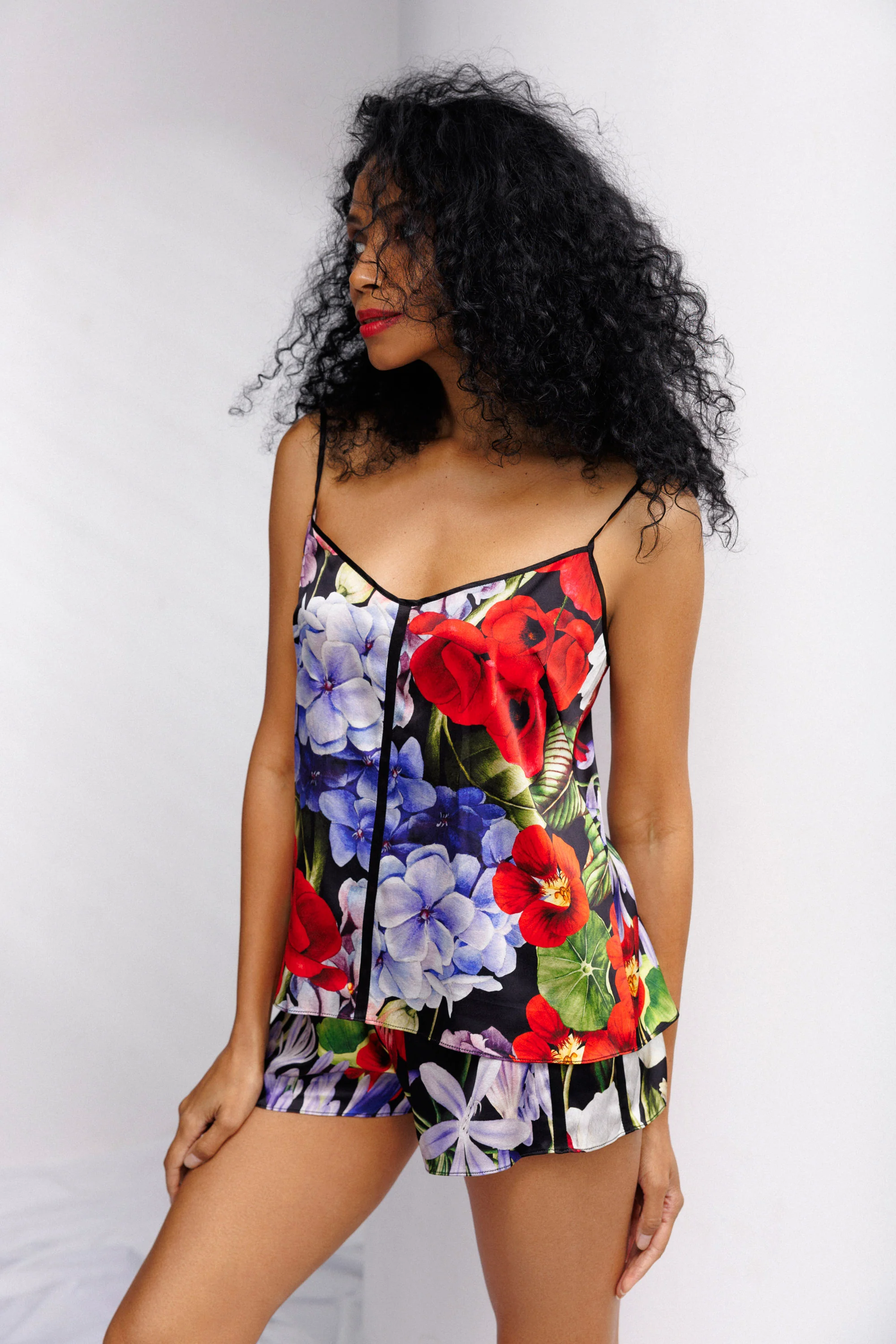 Wild Bloom Camisole and Shorts Set in Black