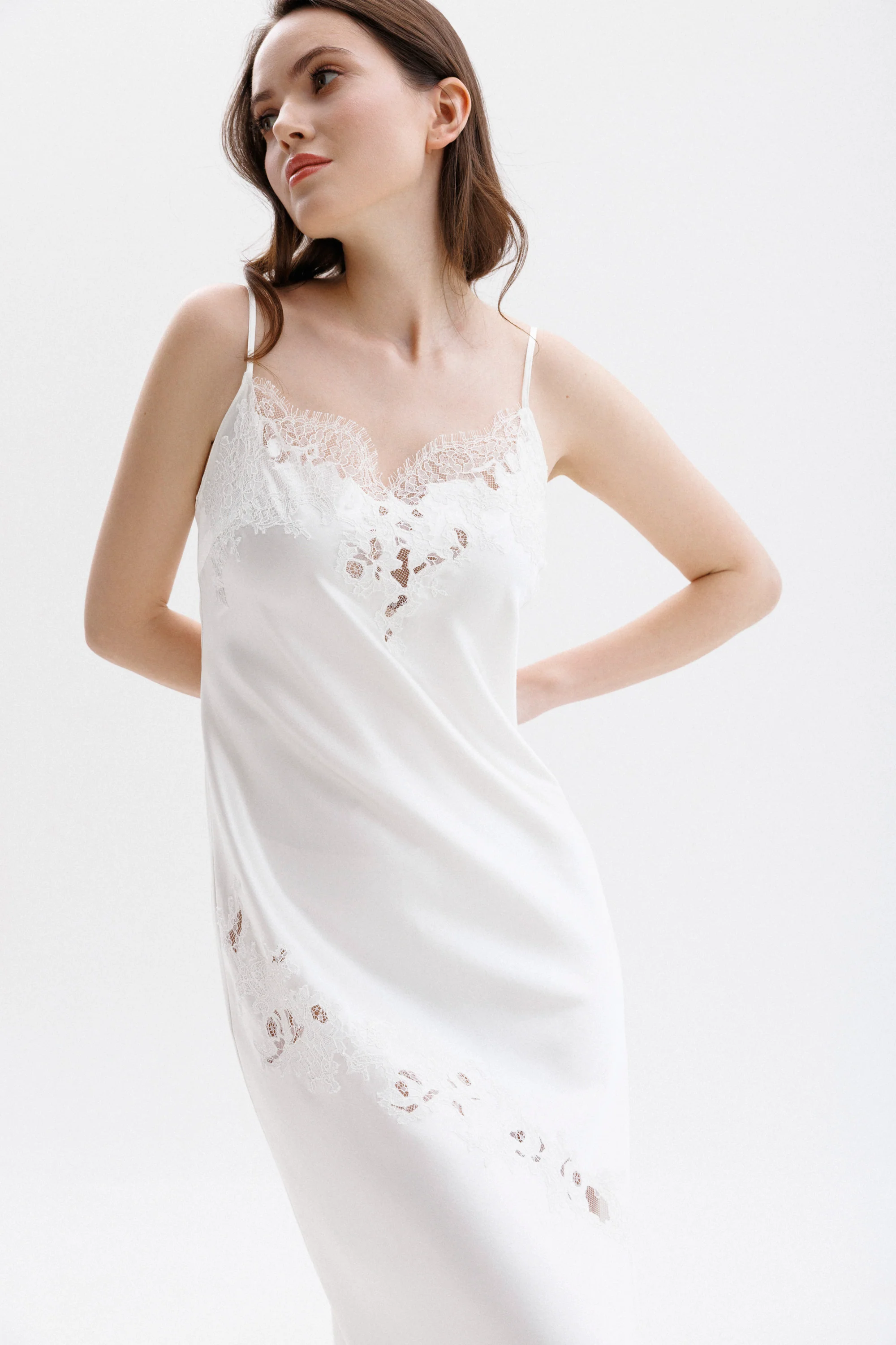 Long Silk Slip Dress in Ivory with Ivory Caudry Lace