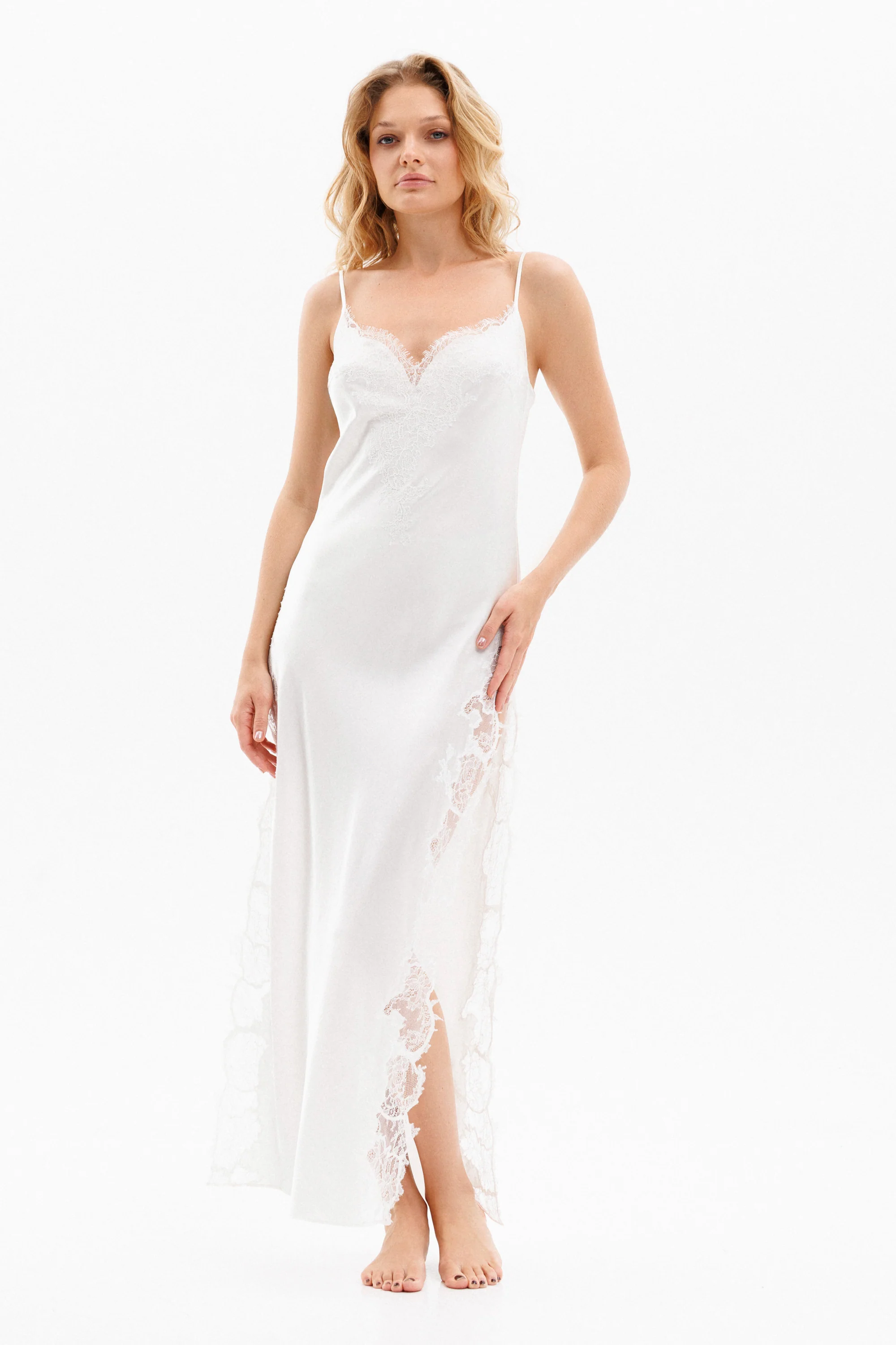 Veloura Long Silk Slip Dress in Ivory with Ivory Caudry Lace