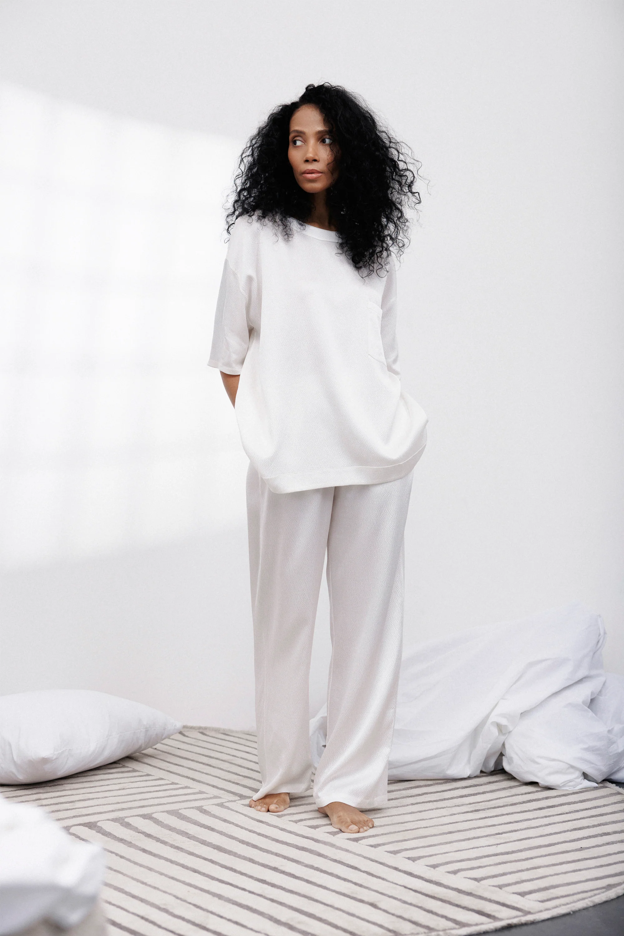 Bubble Silk Relaxed Pants in Off-White