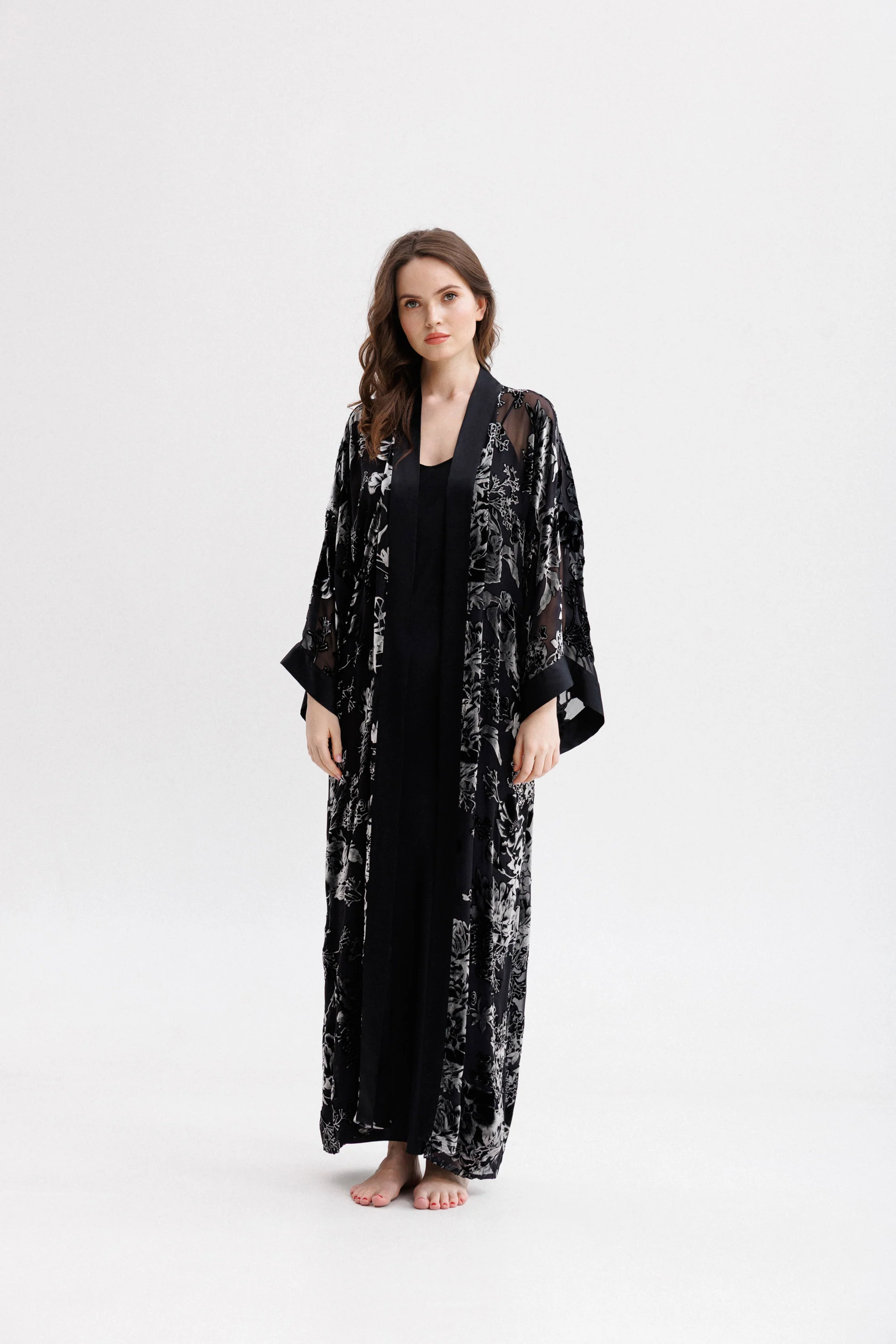 Long Silk Velvet Robe in Black