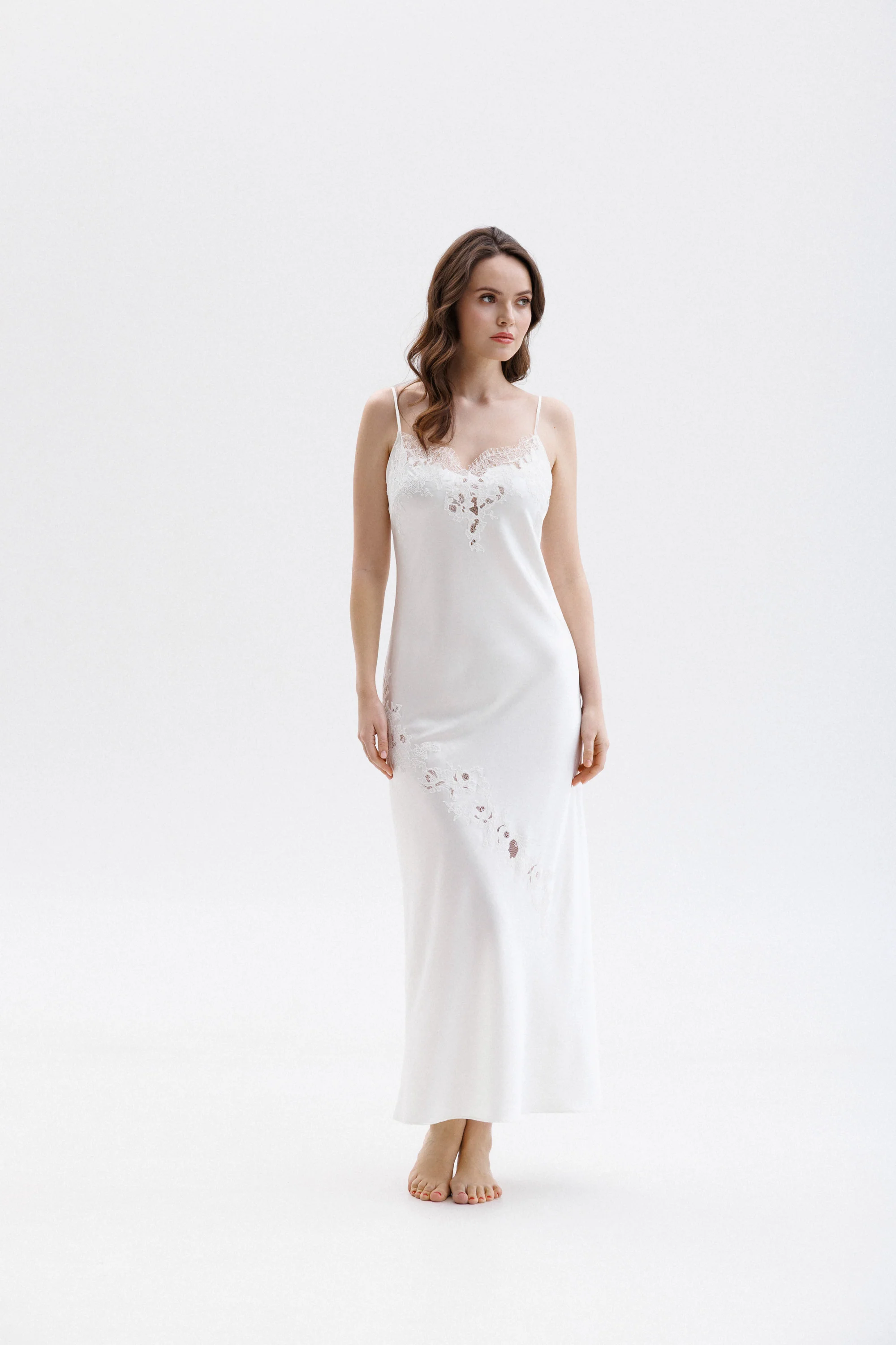 Long Silk Slip Dress in Ivory with Ivory Caudry Lace