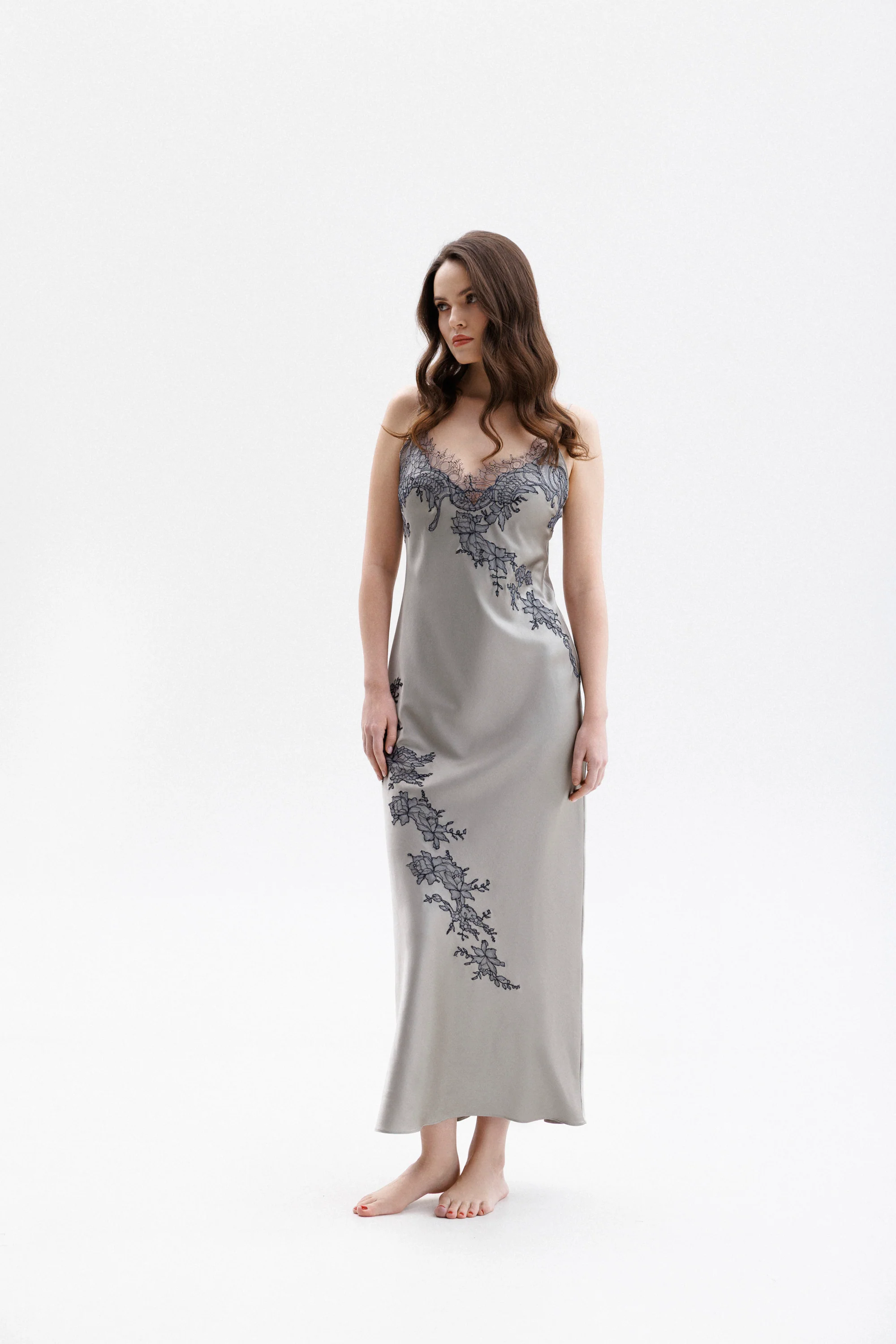 Long Silk Slip Dress in Grey with Anthracite Leavers Lace