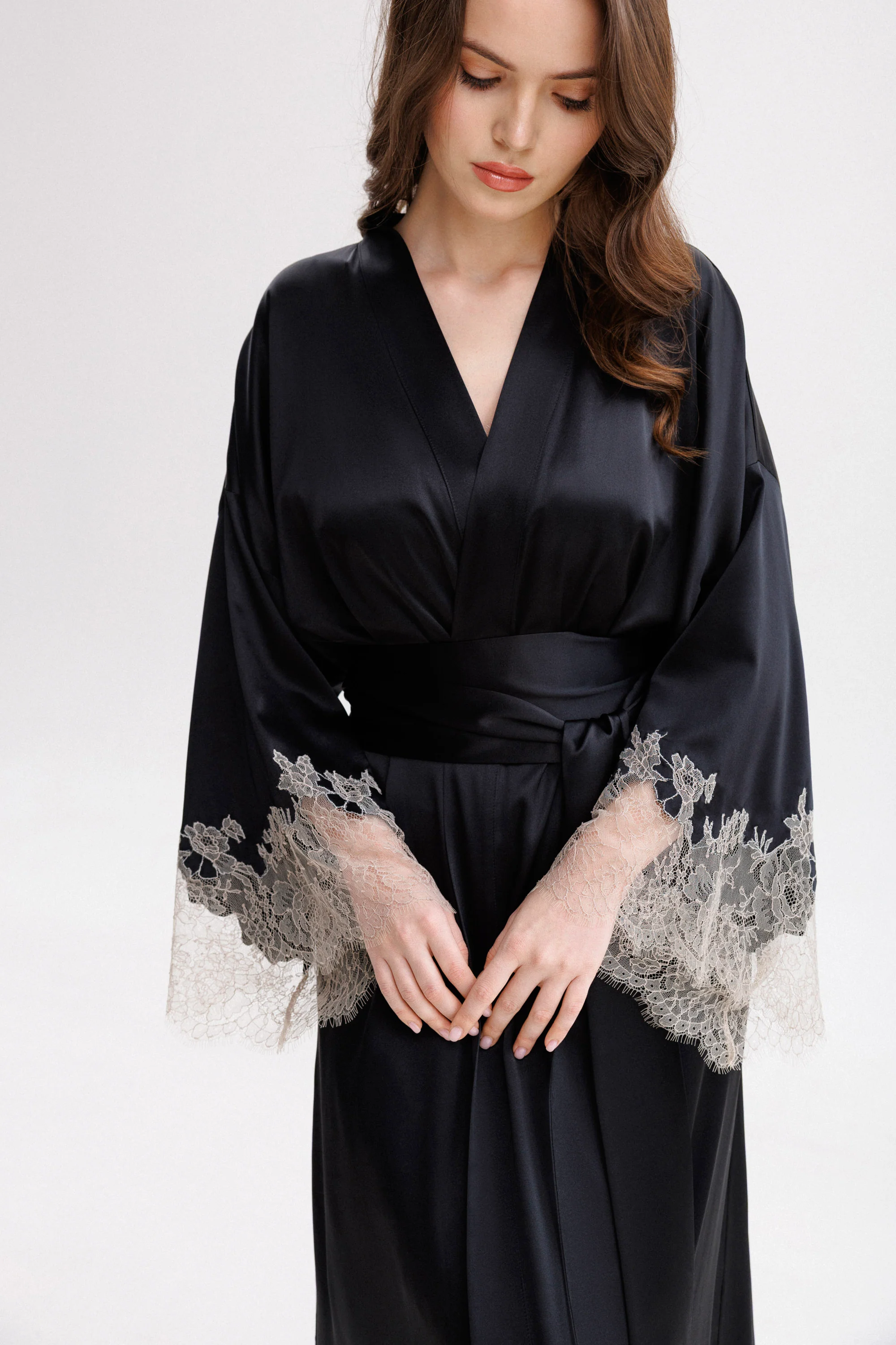 Long Silk Kimono in Black with Nude Caudry Lace