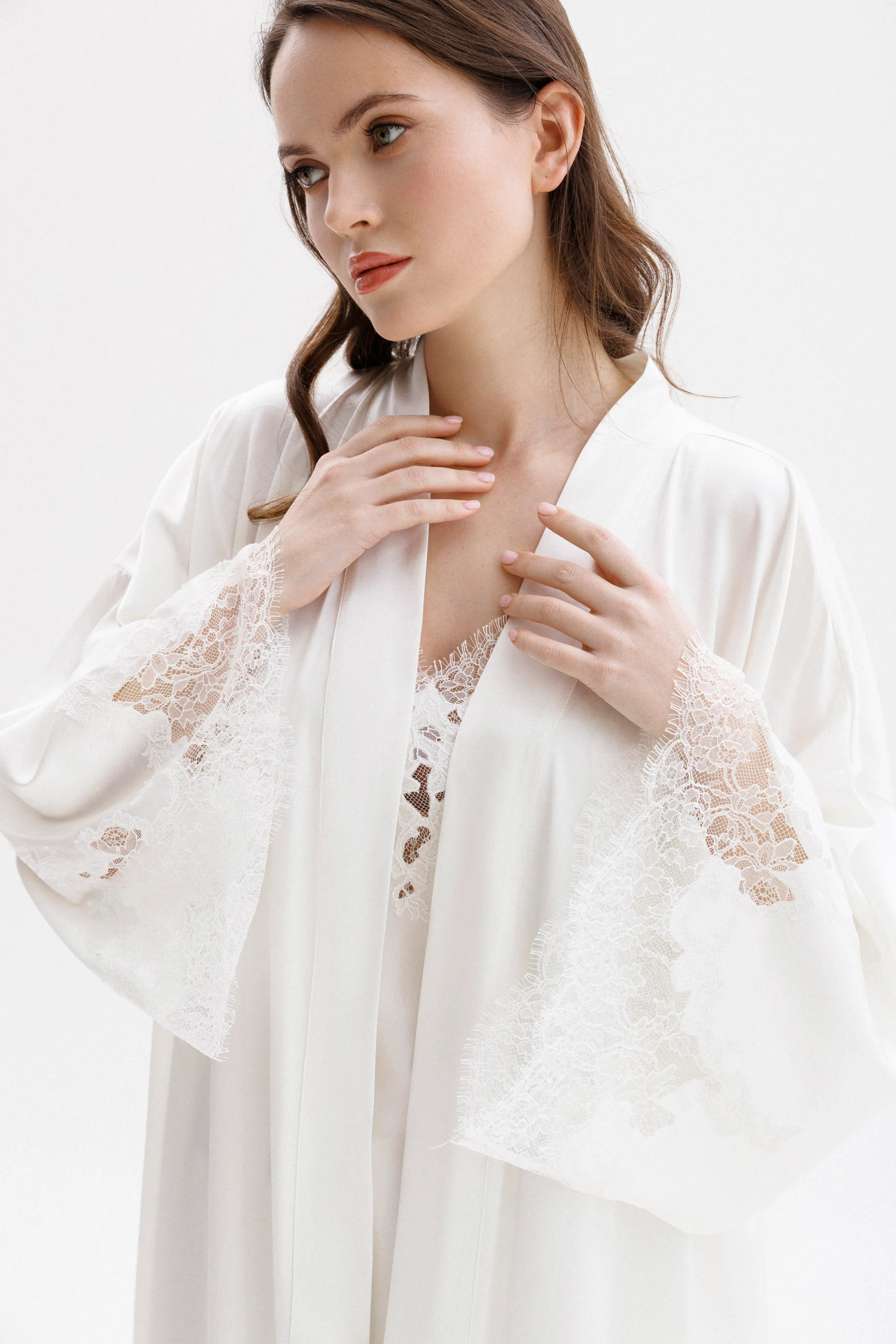 Long Silk Kimono in Ivory with Ivory Caudry Lace